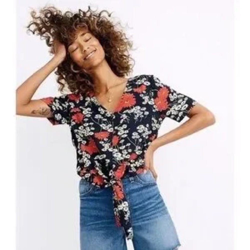 Madewell Hillside Daisies Tie Front Top In Multi Daisy Deep Indigo